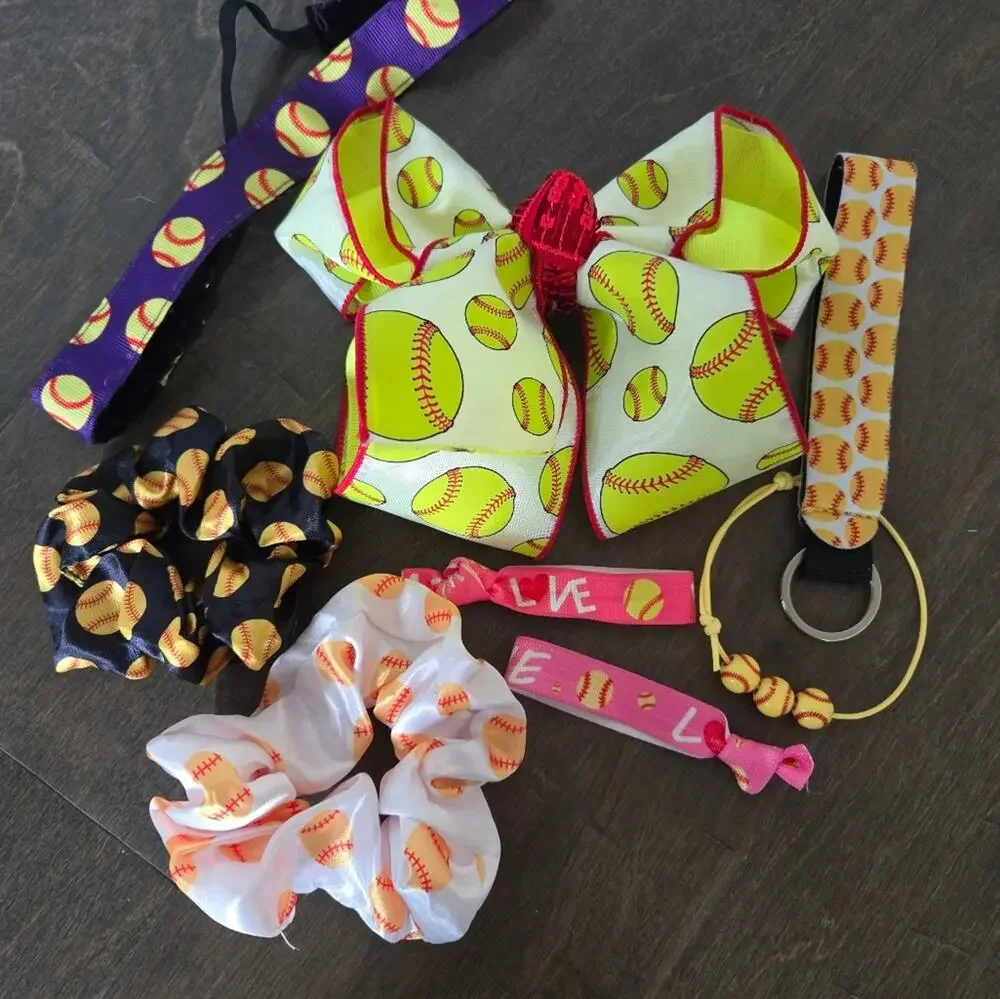 Handmade Pony Tail Softball Bow and Softball Hair Accessories Bracelet